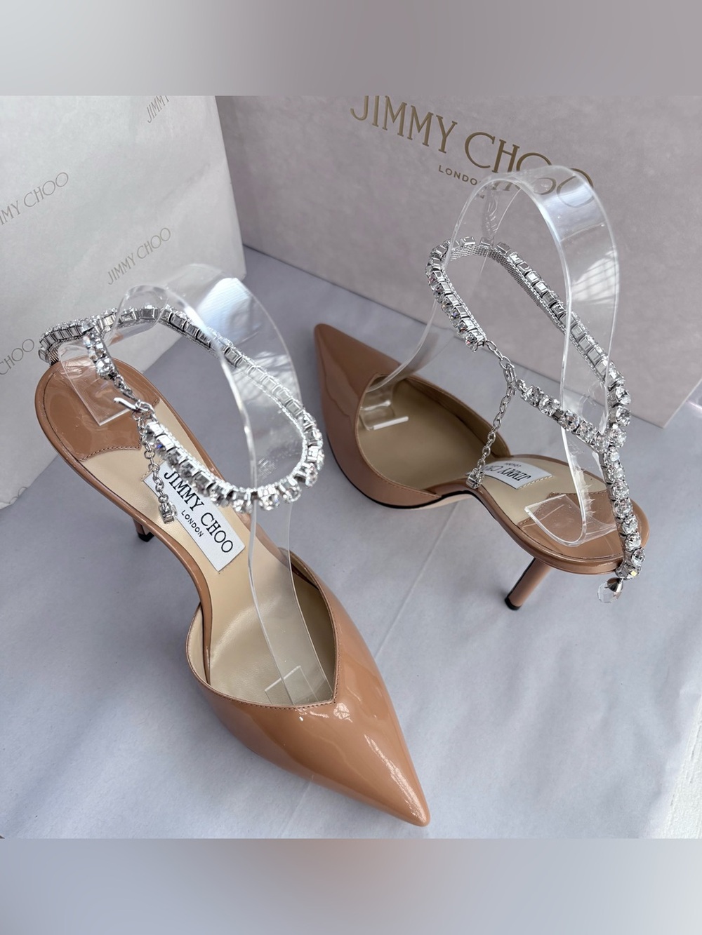 New JIMMY CHOO Saeda Patent Camel Pumps 37.5 $1295 Brand New - Picture 1 of 14